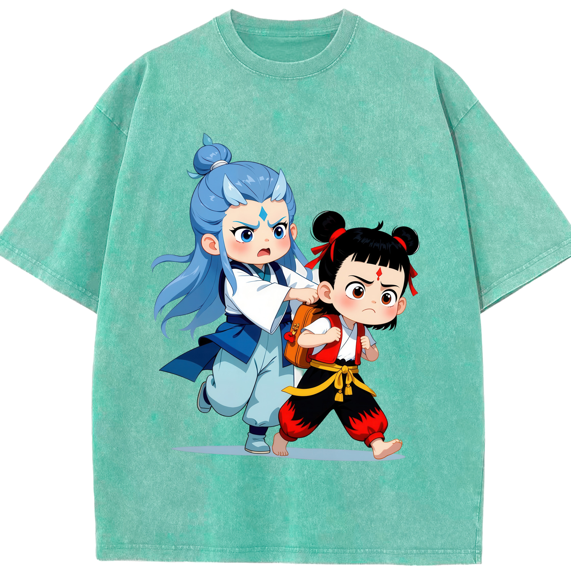 （画像用） Ne Zha 2 ナタ 魔童の大暴れ 綿100% ヴィンテージ風 半袖Tシャツ（フロントプリント）